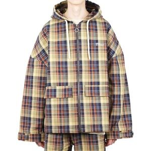 NWOT DRÔLE DE MONSIEUR Oversized Men’s Hooded Zip Up Jacket Jacquard Plaid M
